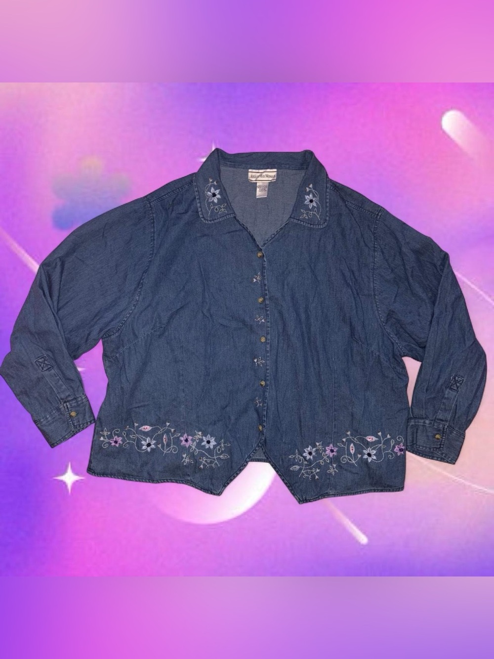 vtg 90s floral embroidery beaded denim shirt - august max woman, sz 3x